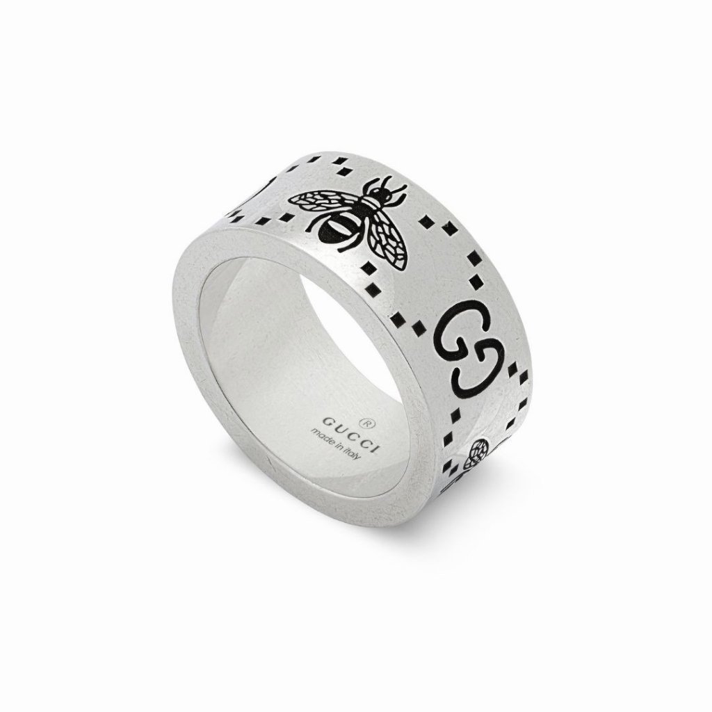 New Gucci Sterling Silver Gg & Bee Engraved Wide Ring Sz 20 It 9 Us
